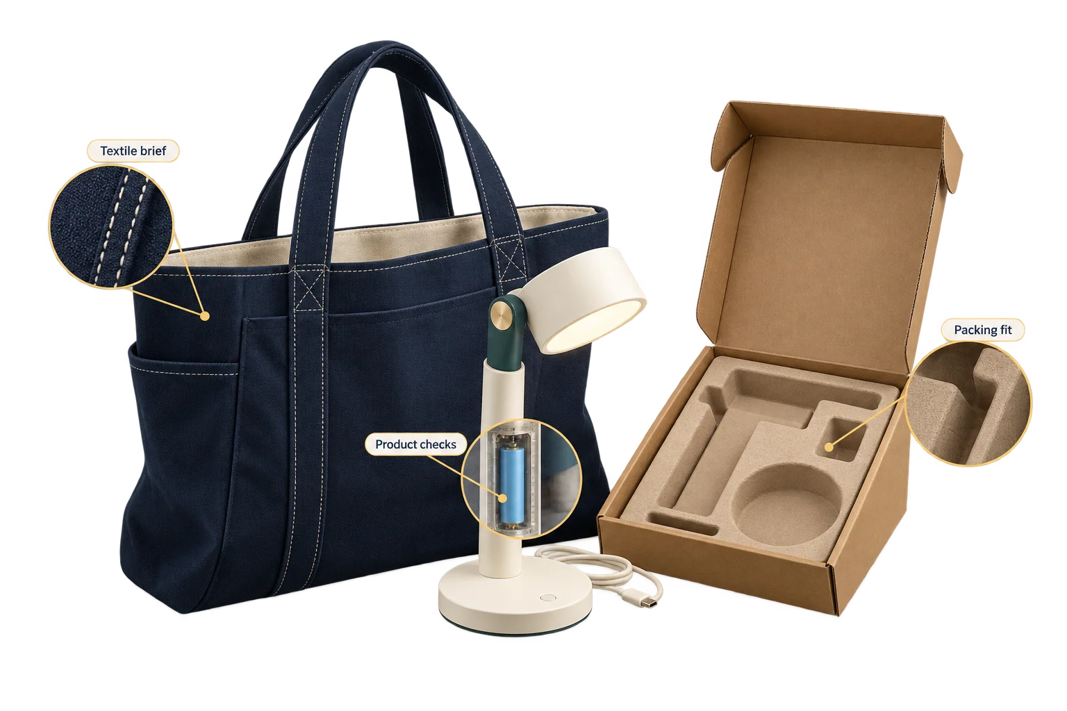 A textile bag, rechargeable desk light and retail carton illustrate separate product and packaging checks within one mixed-category launch.