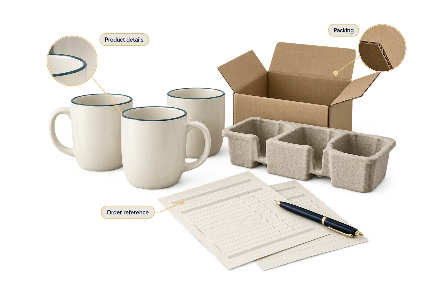 Ceramic mugs, packing inserts and order records illustrate checking that procurement documents describe the same goods.