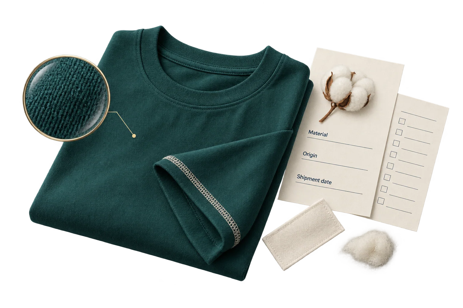 A textile product, material detail and shipping records illustrate checking origin and classification inputs.