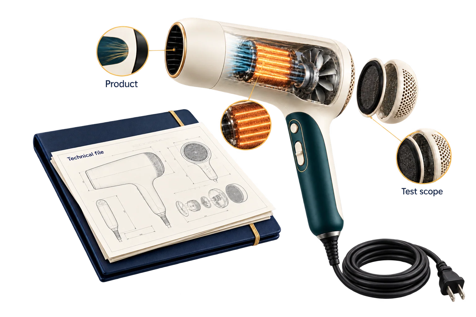 A hair dryer, filter and technical records illustrate linking product information with a defined review scope.