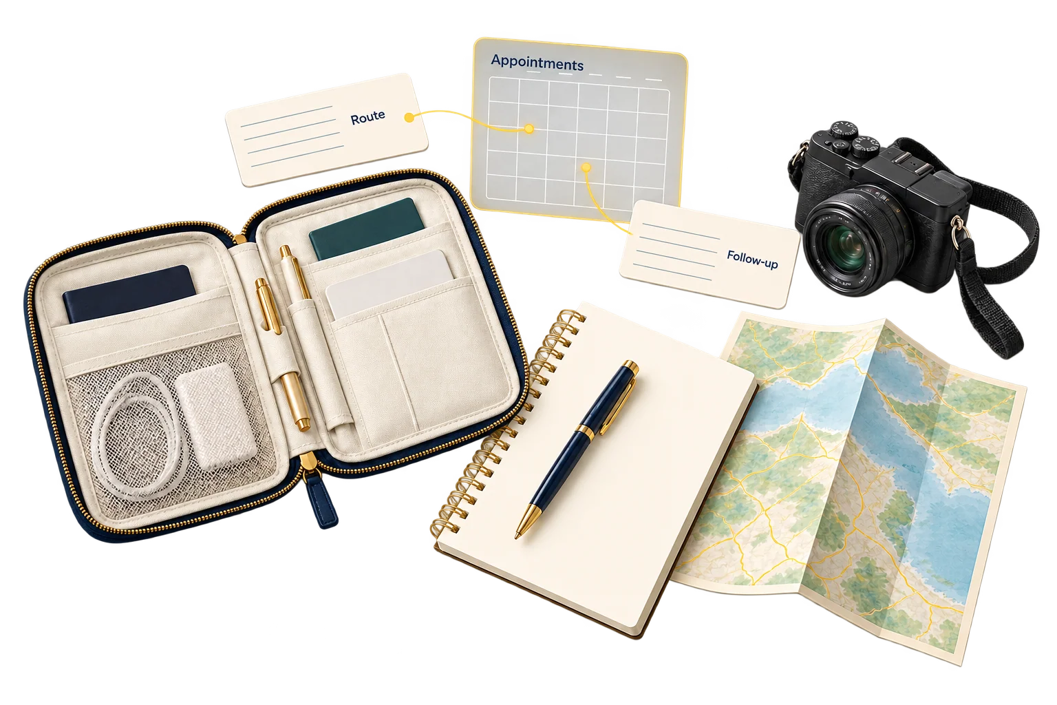 Appointment cards, a route plan and visit notes illustrate arranging a sourcing trip around supplier decisions.