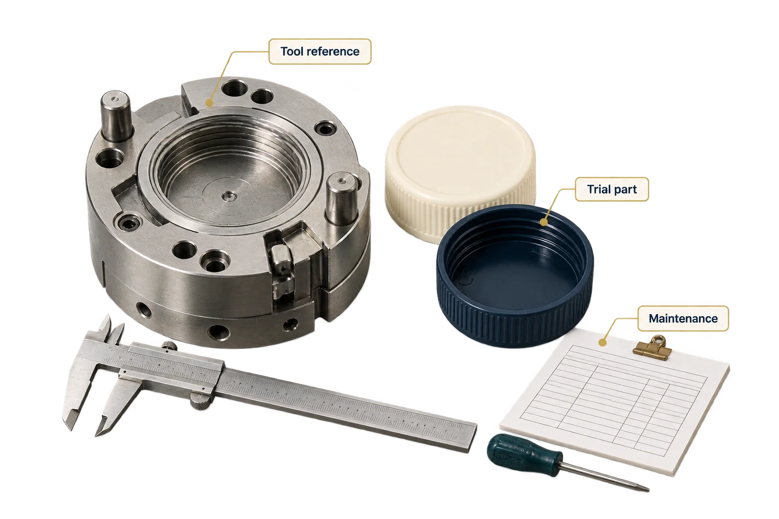 A lid mold, trial components and maintenance record illustrate keeping tooling references and sample results connected.