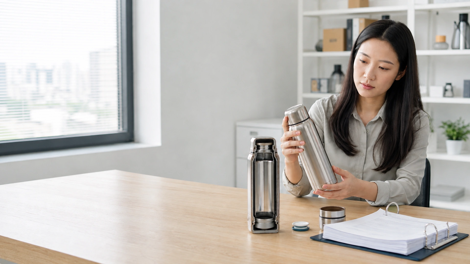 Customs analyst examining an insulated bottle and a cutaway sample to record the materials and construction used for classification.