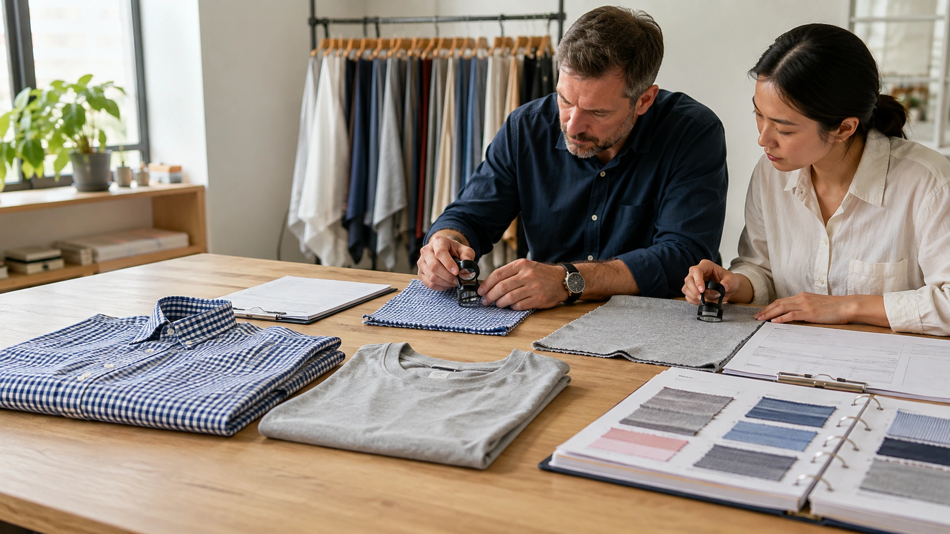 Import specialist comparing woven and knitted cotton samples and their construction before a tariff classification decision.