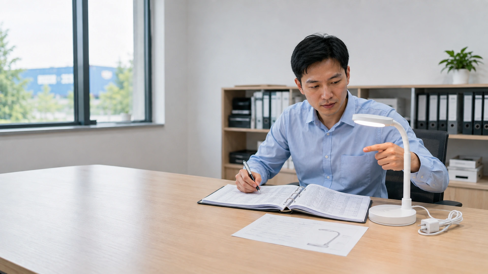 Import analyst checking an electric desk lamp, product specification and destination tariff reference together.