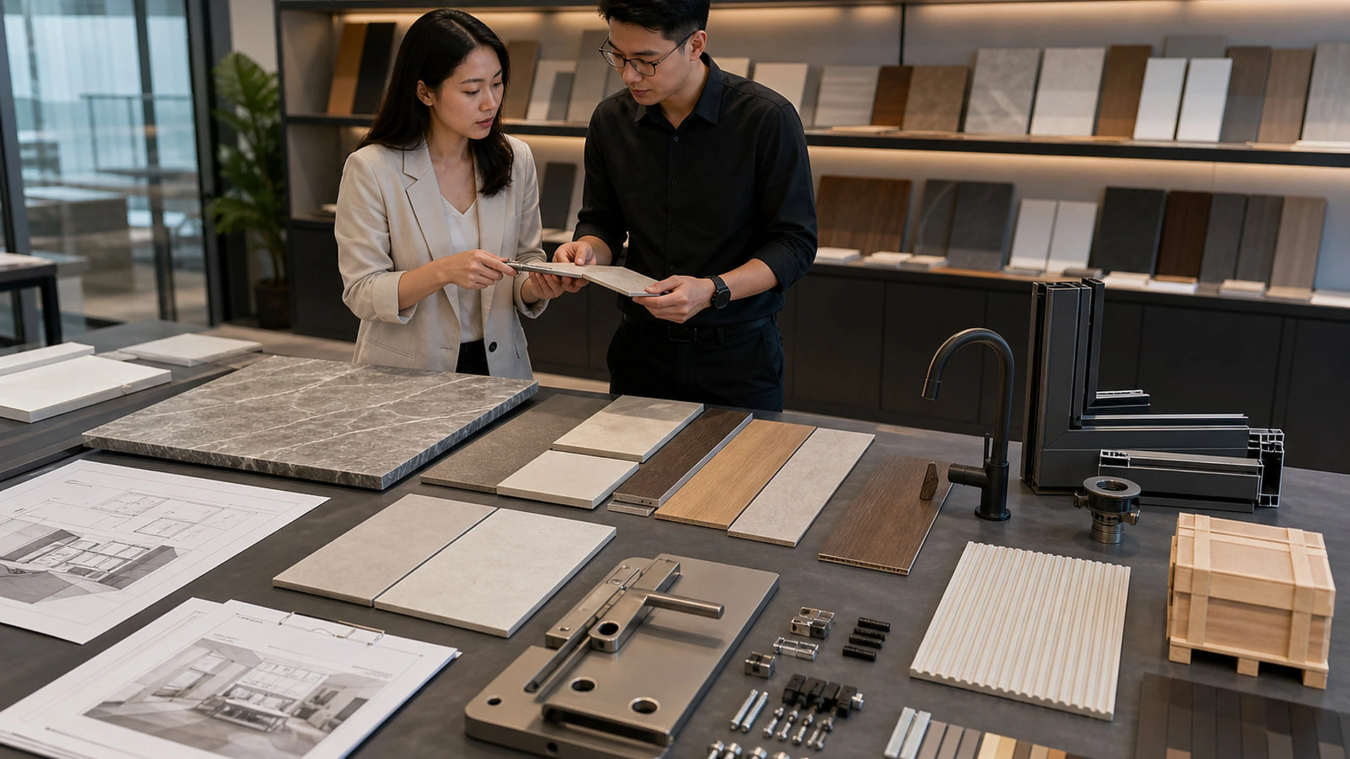 building materials sourcing overview card for Source building materials with samples, specifications, packing, inspection, and shipping details organized.