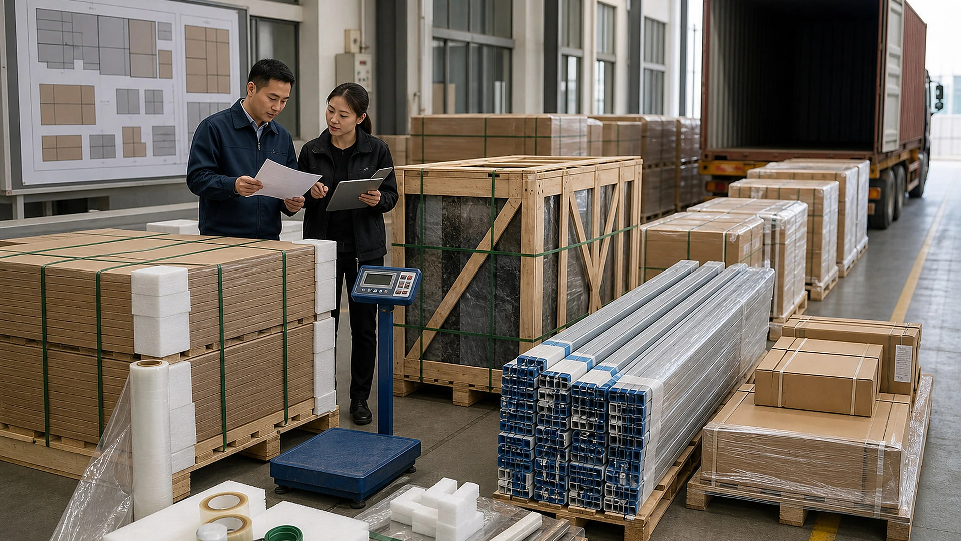 building materials inspection shipping card for Source building materials with samples, specifications, packing, inspection, and shipping details organized.