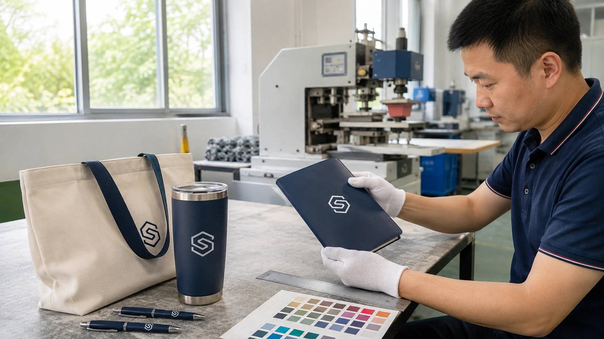 Print technician reviewing notebook, pen, tumbler and tote artwork proofs with color swatches and a placement ruler.