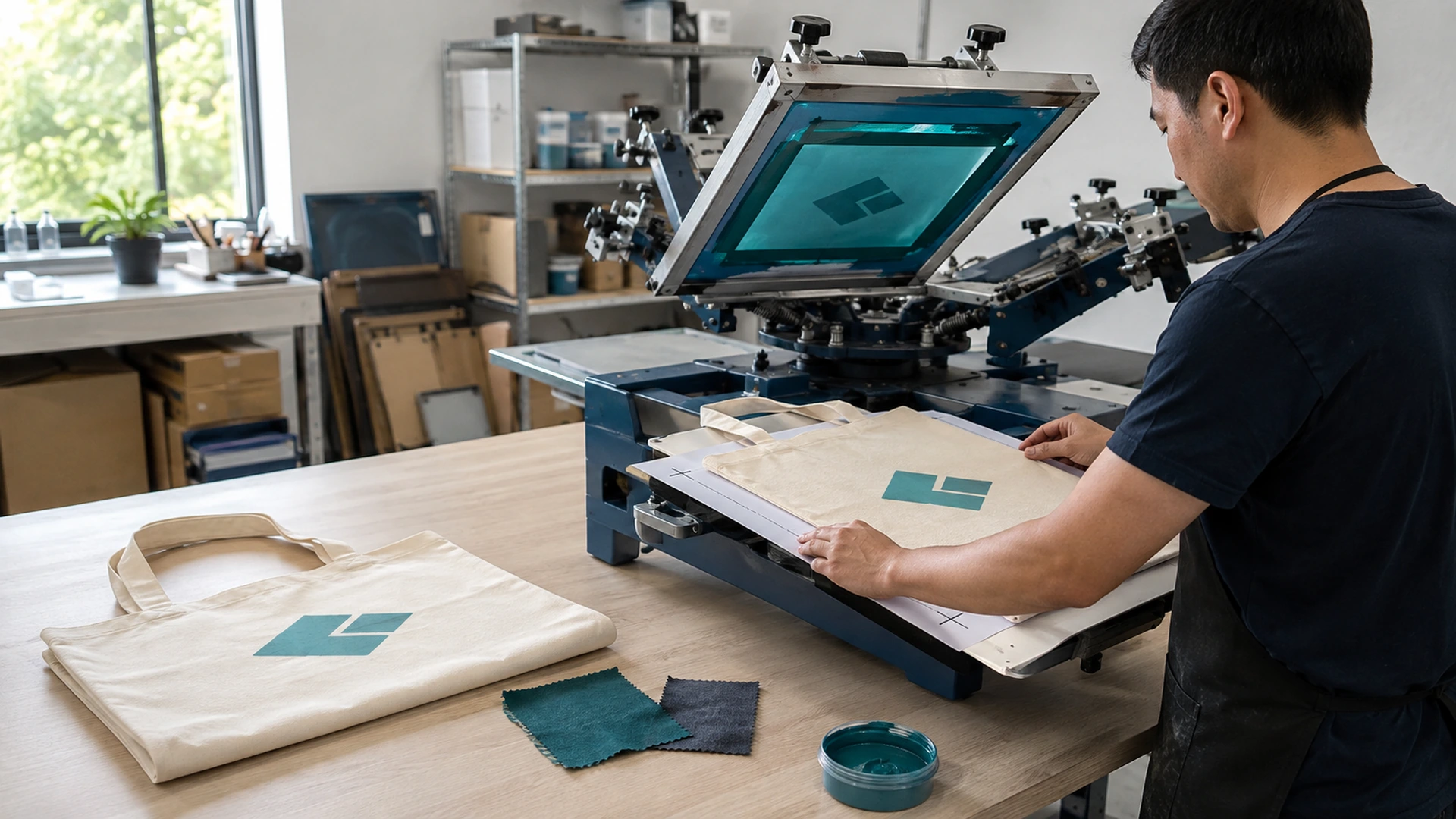 Screen-print technician aligning a promotional tote on the platen and checking a finished print against its placement guide.