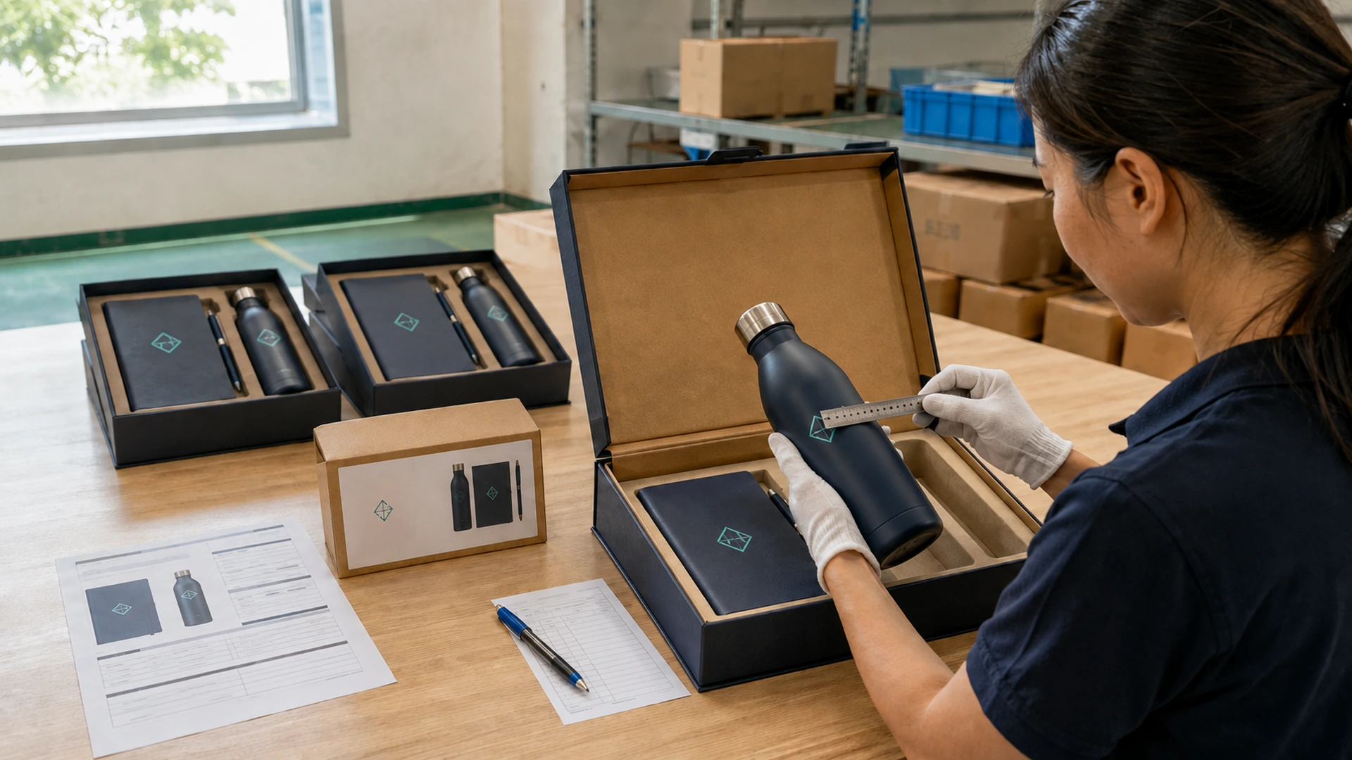 Quality checker measuring bottle artwork and inspecting a notebook-and-pen gift kit with fitted protective packaging.