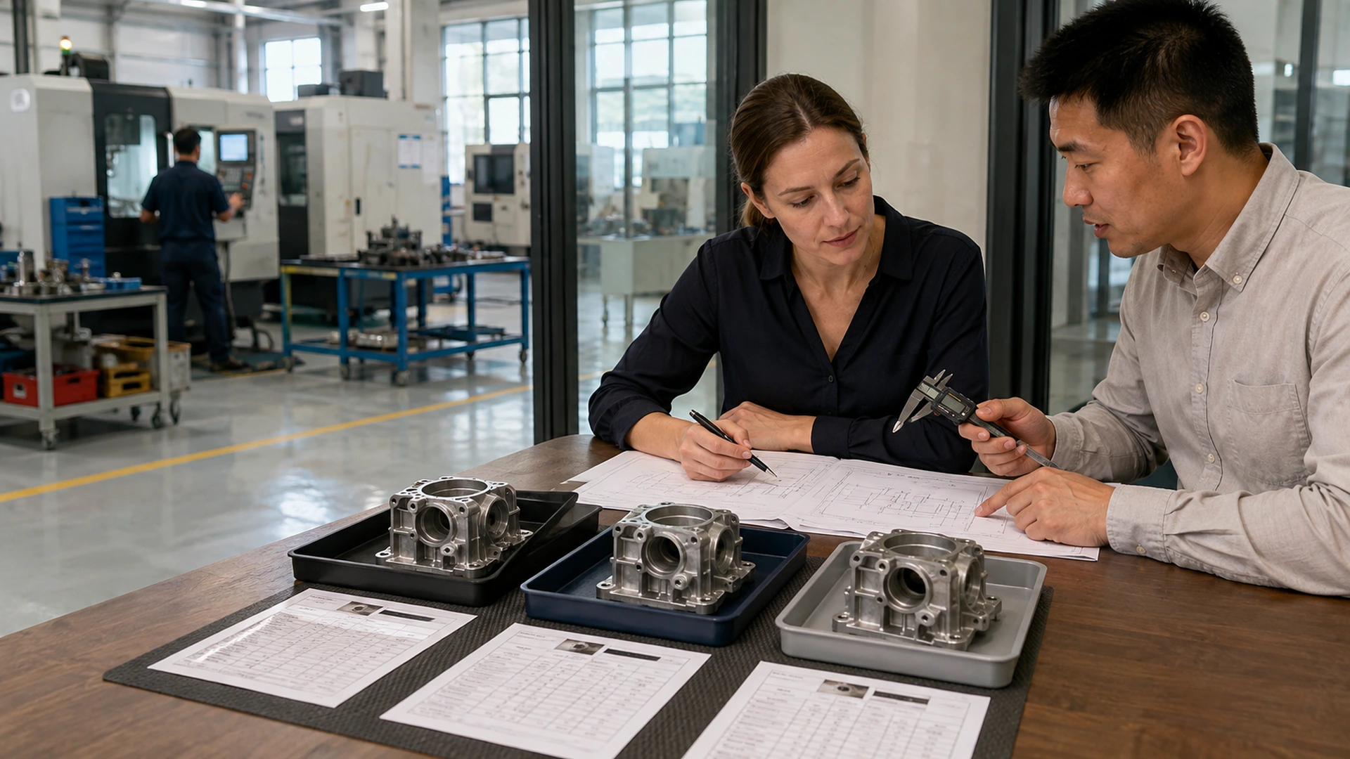 Buyer and sourcing specialist comparing machined housing samples, quotations and measurements against one specification.