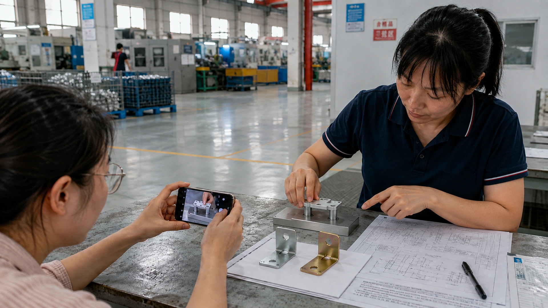 Inspector checking a metal bracket on a locating fixture while a coordinator photographs the fit for the inspection record.