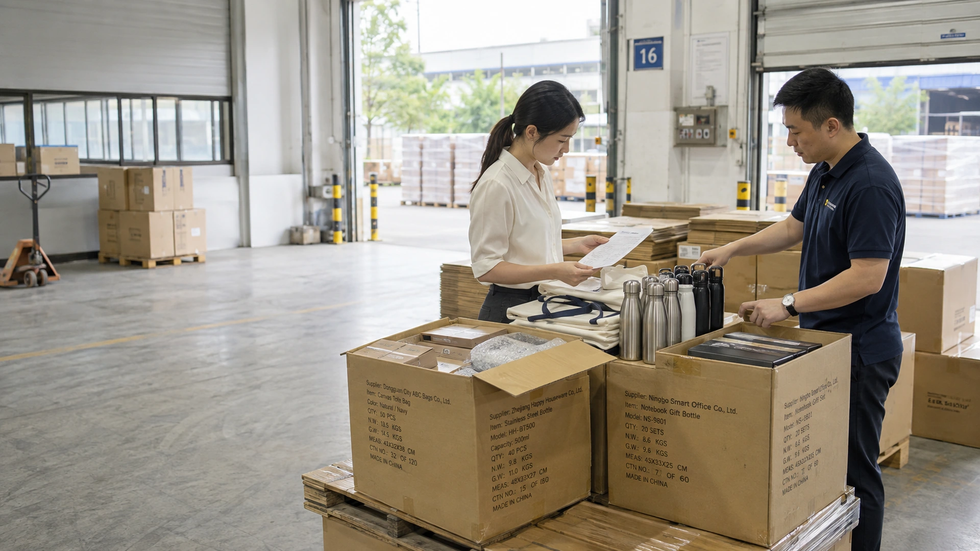 Logistics coordinator and warehouse worker checking mixed supplier cartons and packing details before export consolidation.