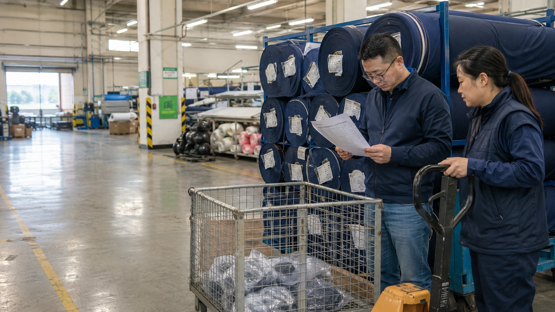 Production planner comparing fabric and zipper inventory with the order material list to identify a possible production delay.