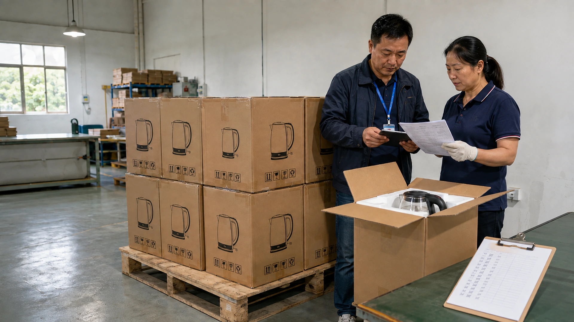 Order coordinator verifying packed kettle cartons, counts and packing documents before inspection and freight handoff.