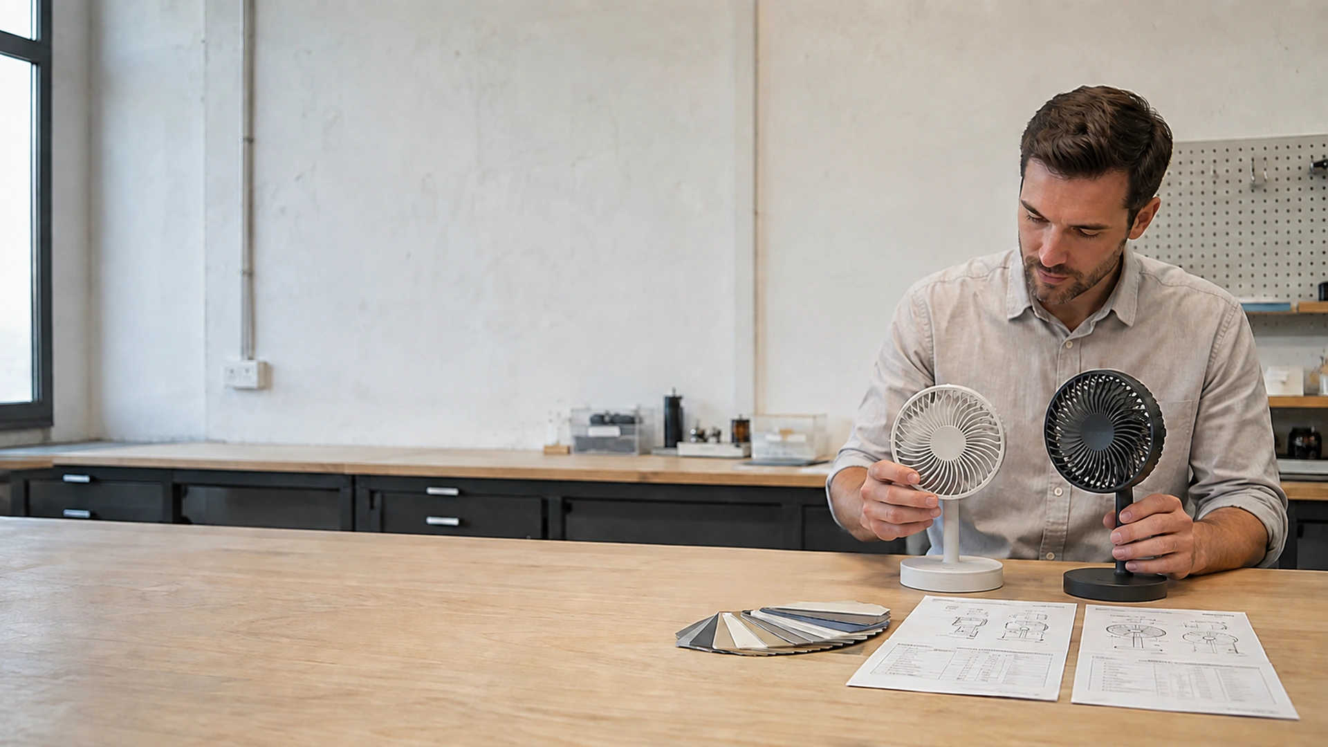 Buyer comparing two compact desk-fan samples, construction details and supplier quotations.