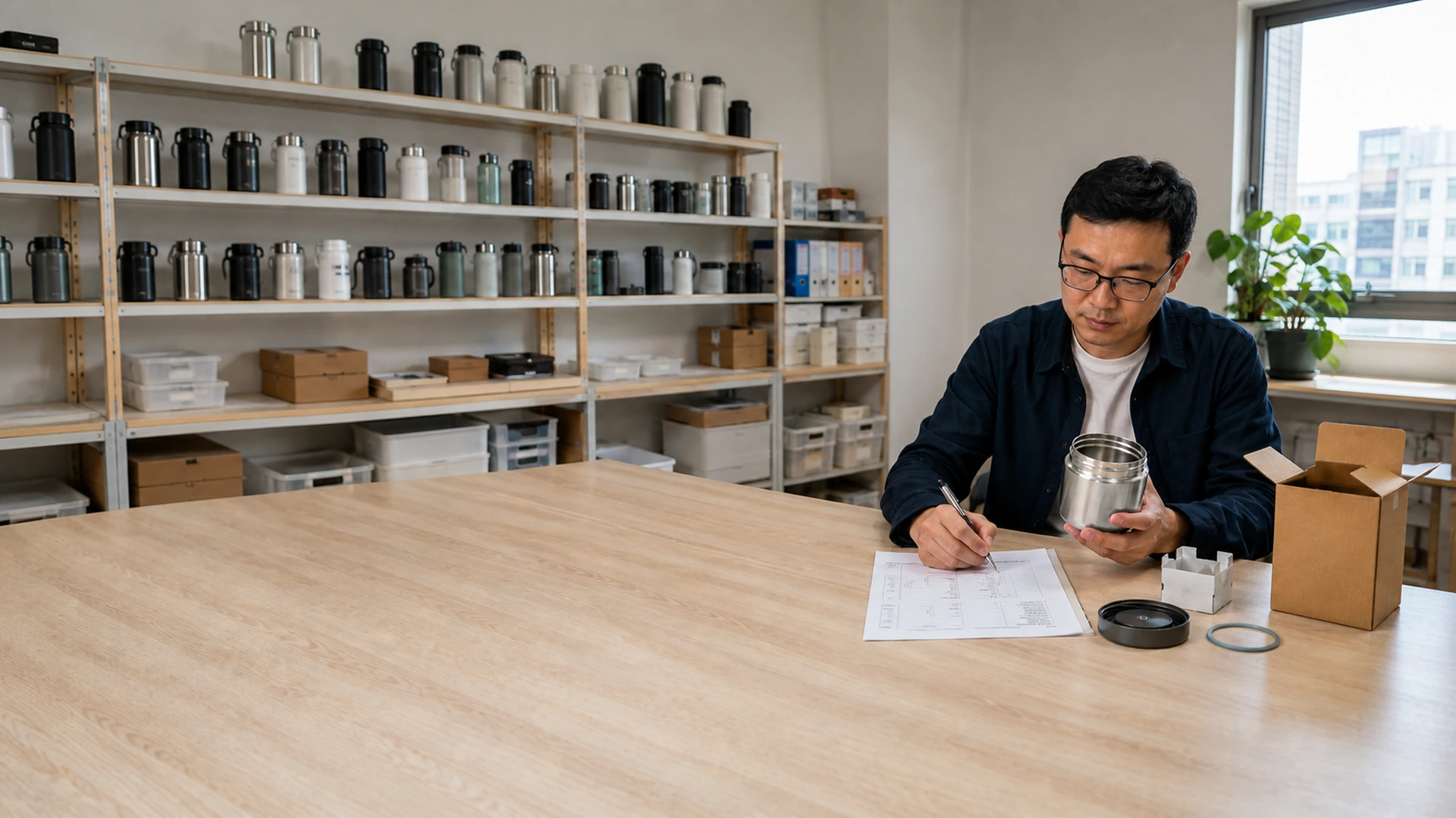 Buyer recording sample approval for a food jar beside the specification and retail packing.