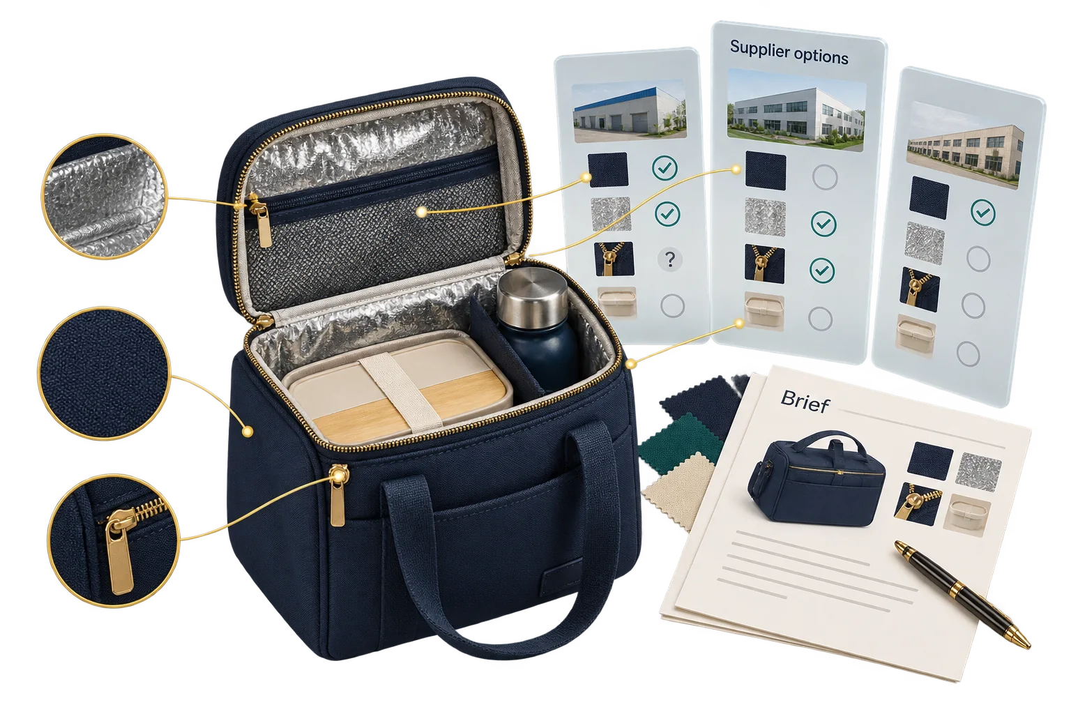 Lunch-bag details connect a product brief to supplier profiles with different answers.
