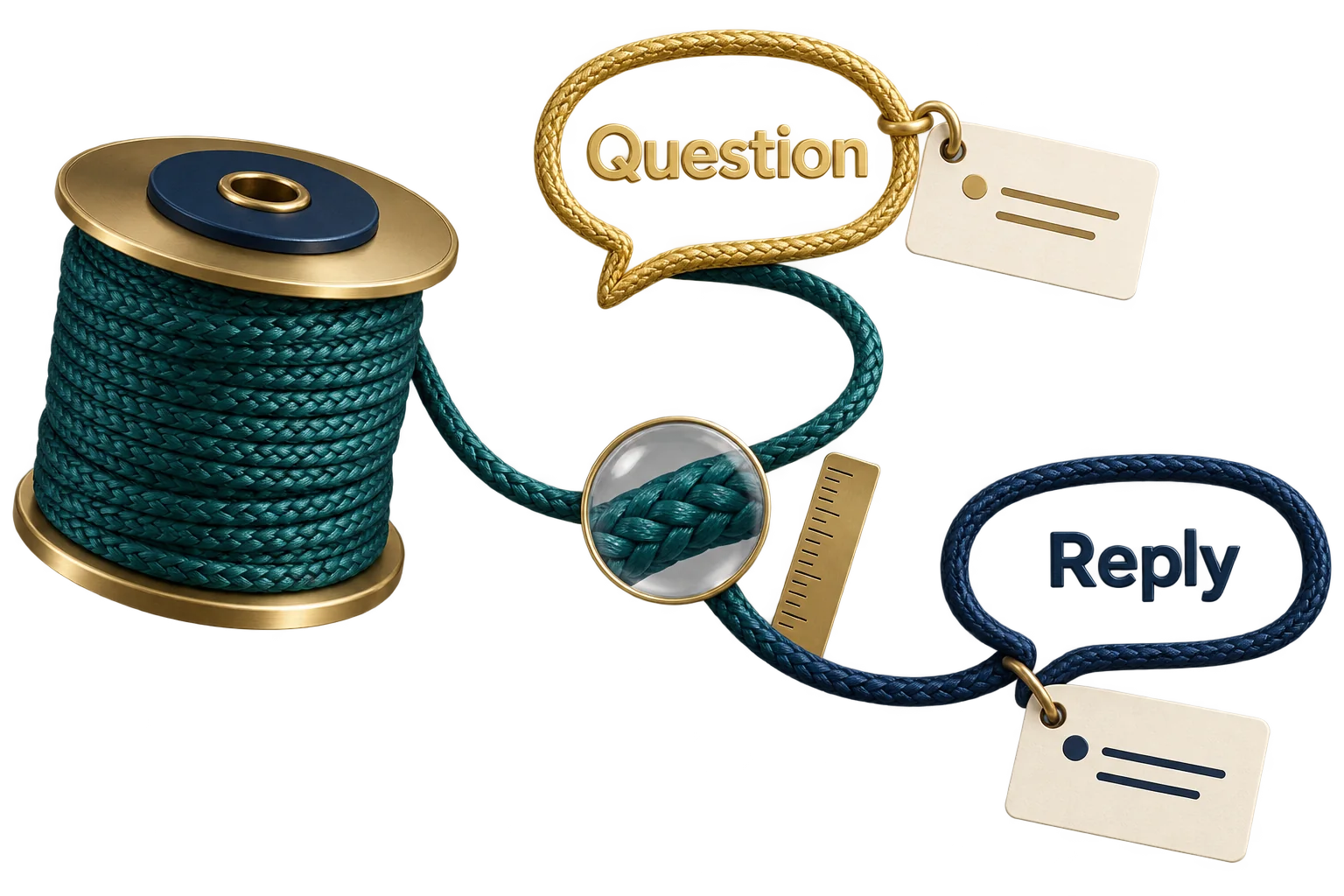 A braided cord links a product question, construction detail and supplier reply.