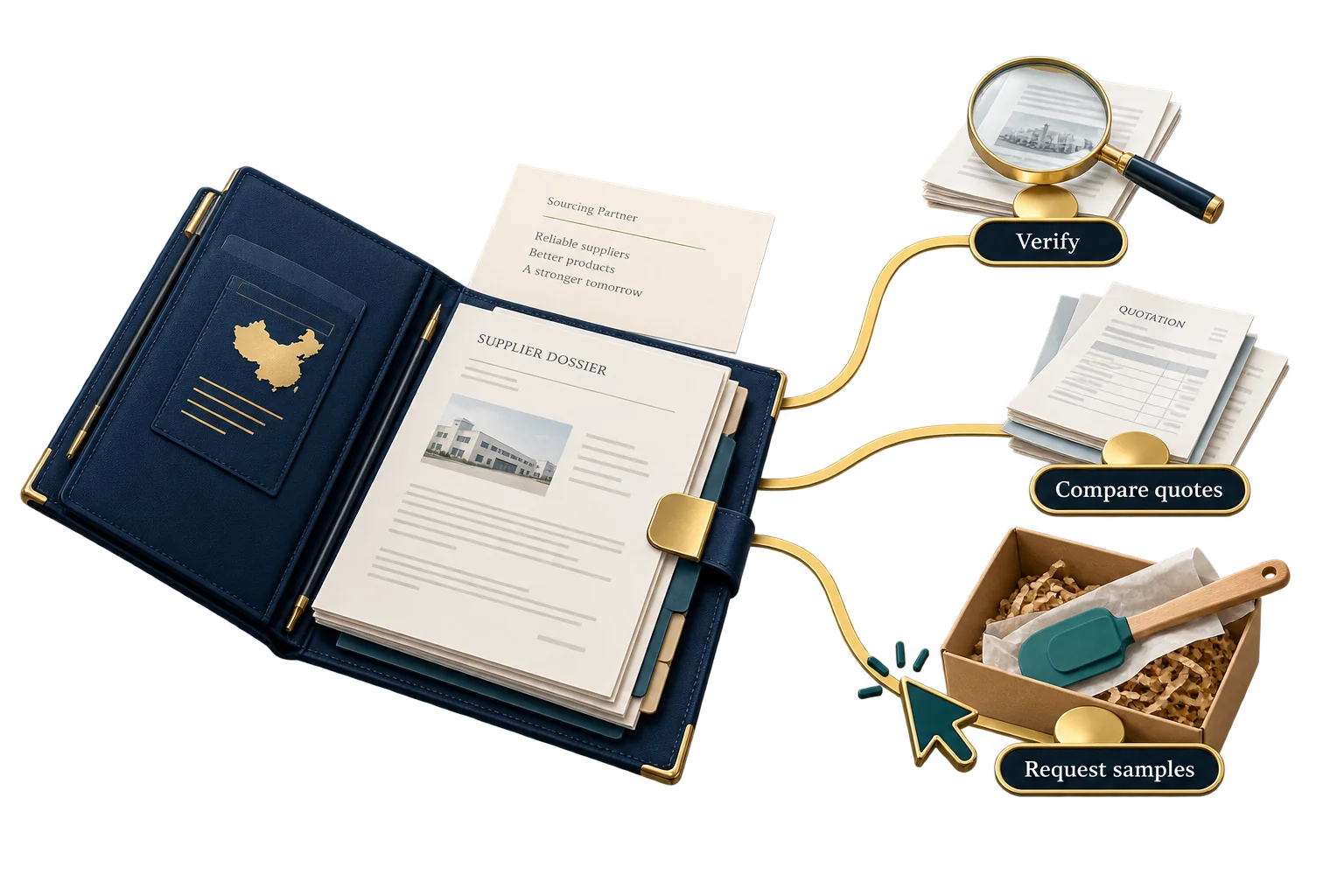 A supplier dossier branches toward verification, quotation comparison and a sample request.