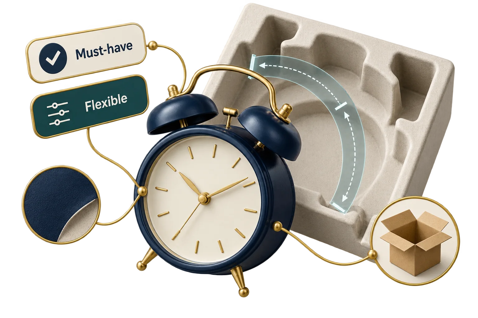Clock dimensions and packaging fit illustrate must-have and flexible requirements.