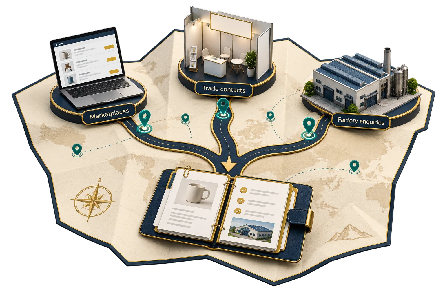 Marketplace listings, trade contacts and factory enquiries converge into one supplier dossier.