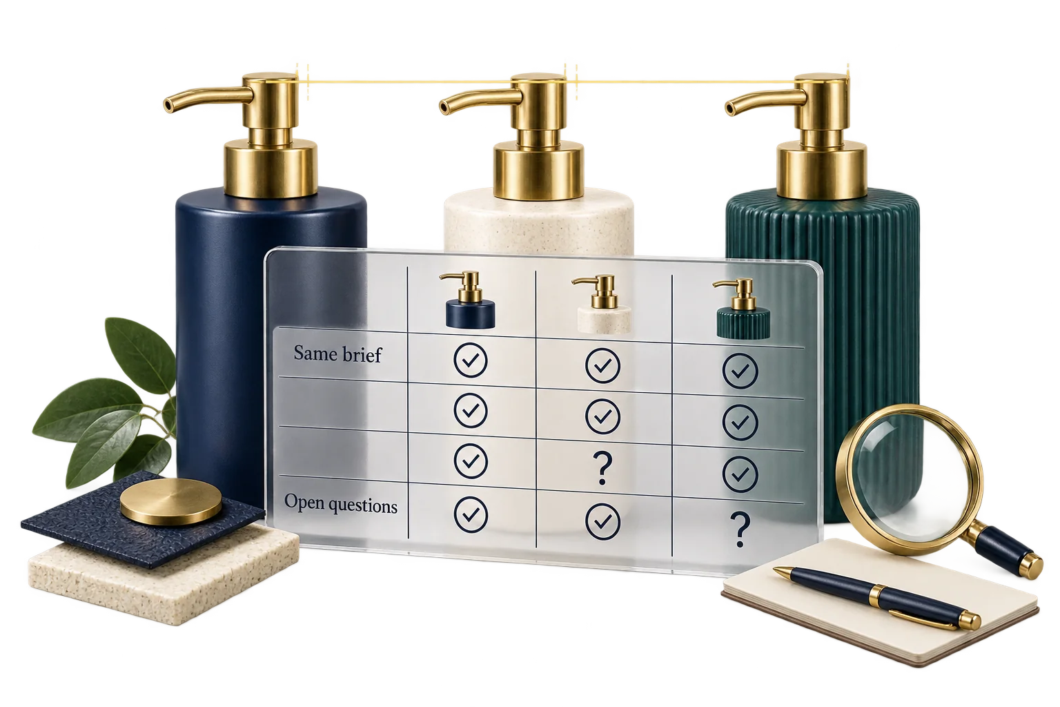 Three dispenser samples and a comparison sheet show answered requirements and open questions.