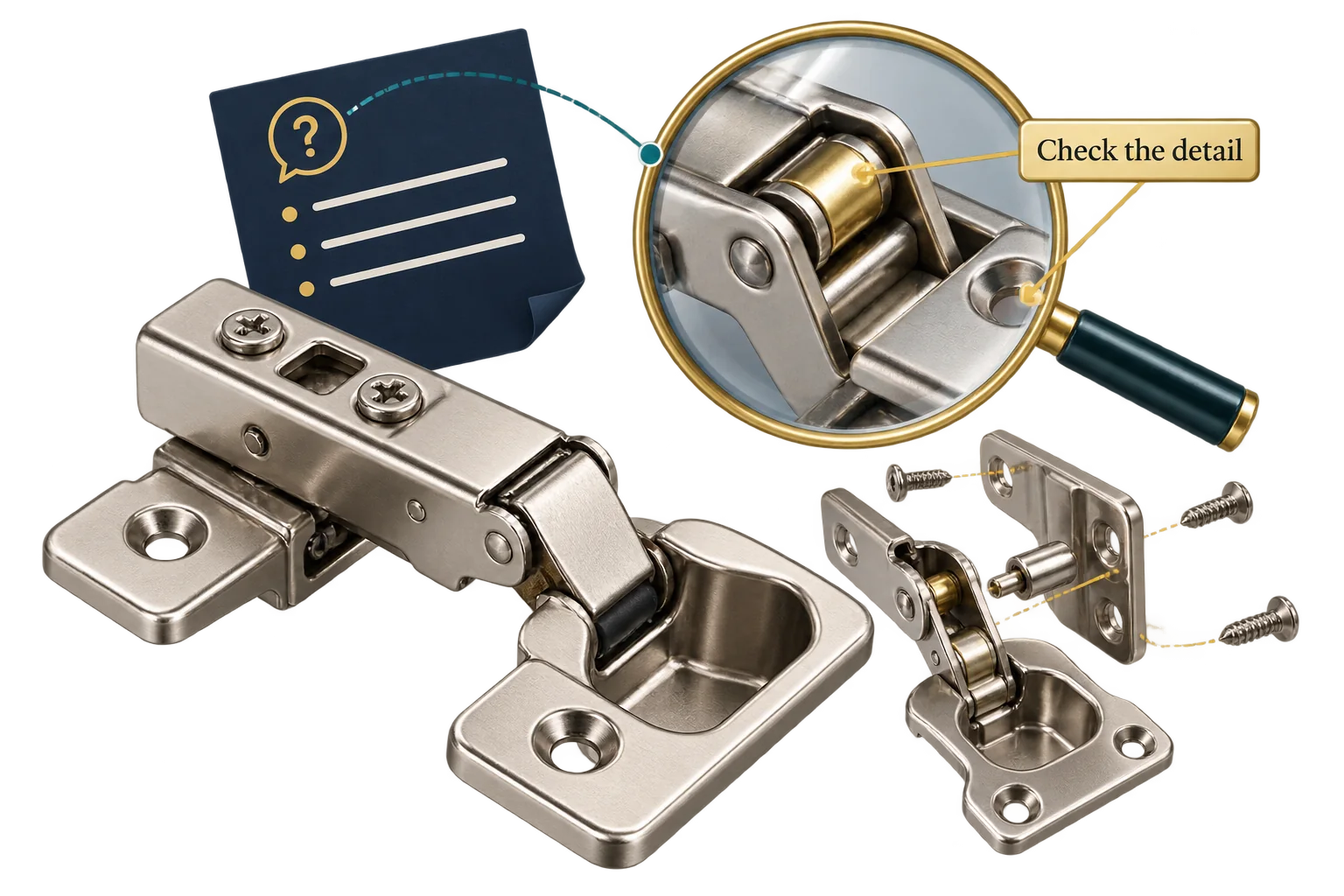 A hinge detail under a magnifier connects a product question to a supplier reply.