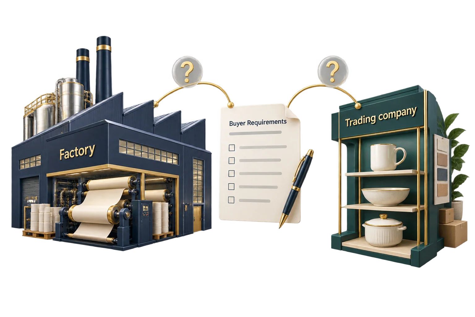 Factory and trading-company models connect to the same buyer requirements with open questions.