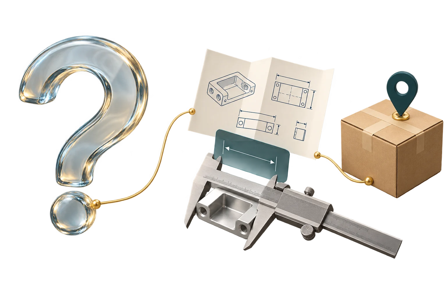 Concept illustration connecting a buyer question to a specification, a checked sample and shipment information.