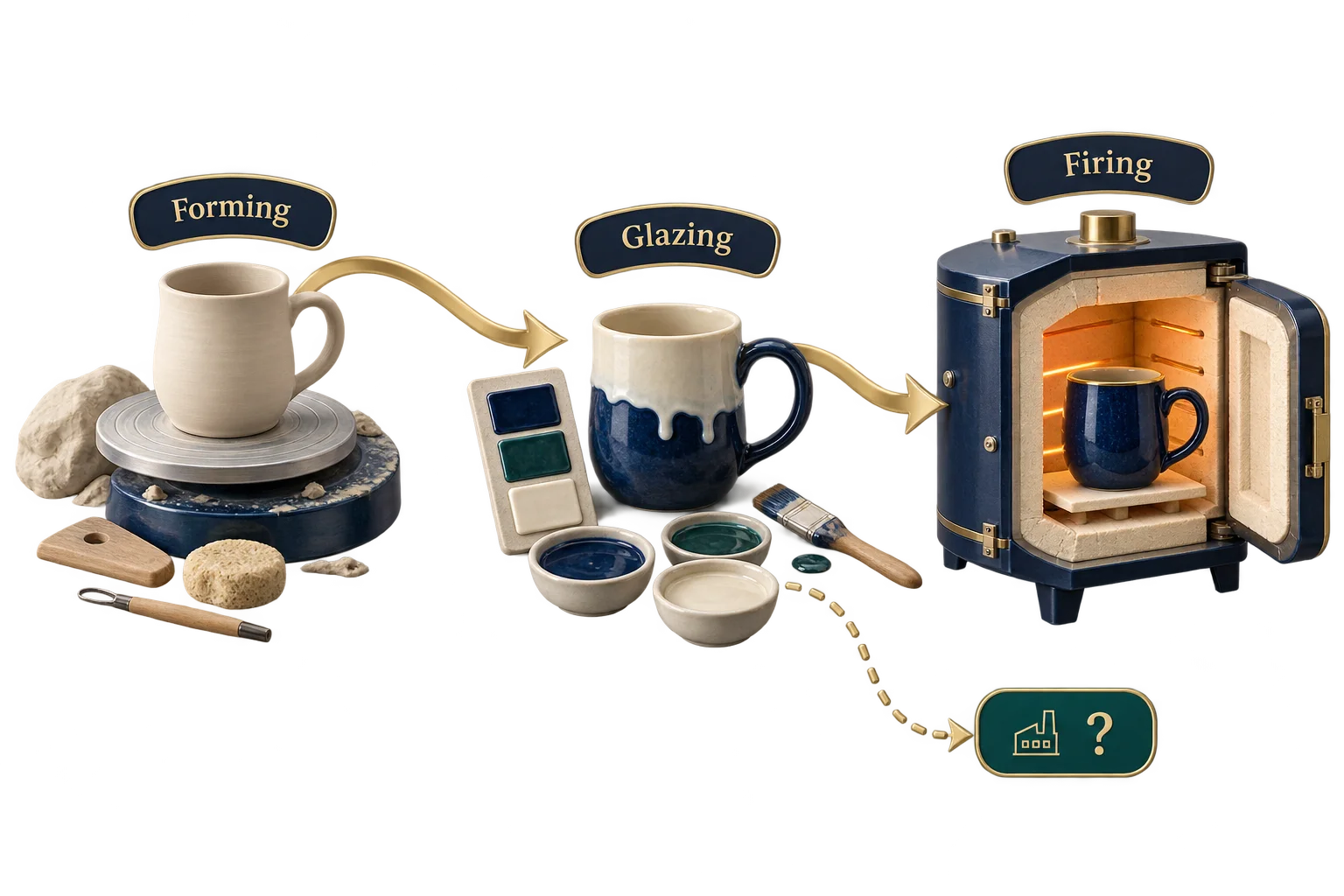 Forming, glazing and firing stages help identify where each ceramic production step occurs.