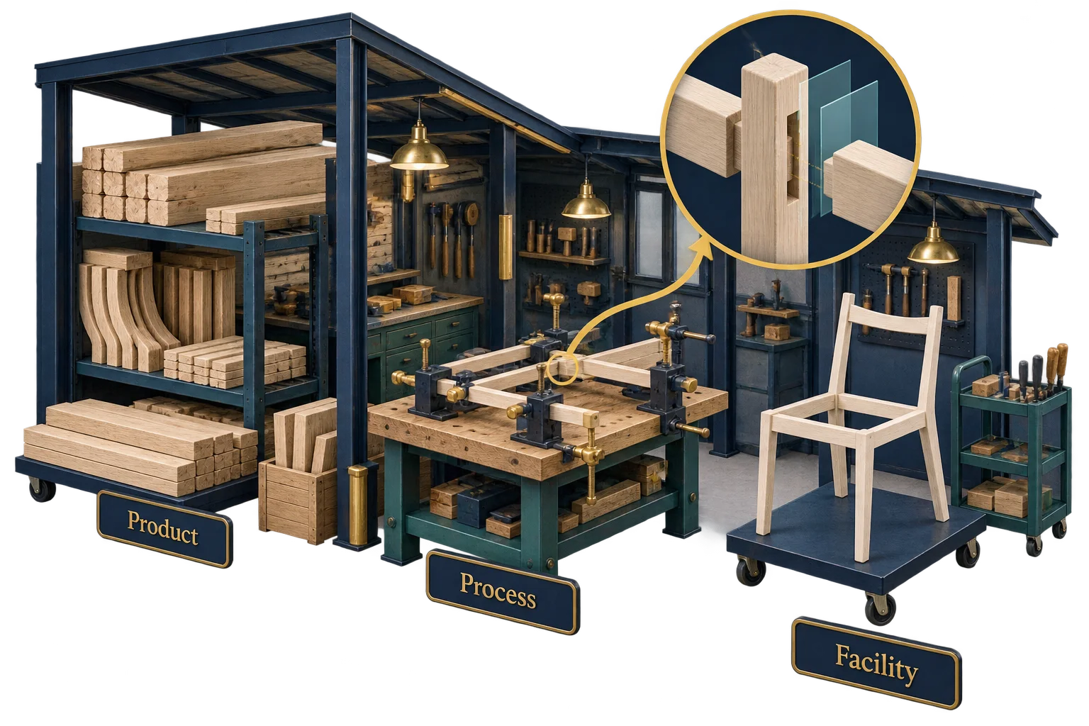 A chair frame, joinery fixture and workshop cutaway connect product needs to production capability.