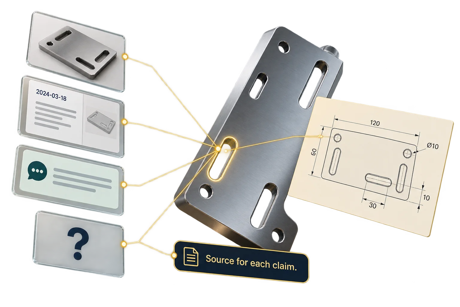A mounting plate and dimension drawing connect claims to photographs, documents and supplier replies.