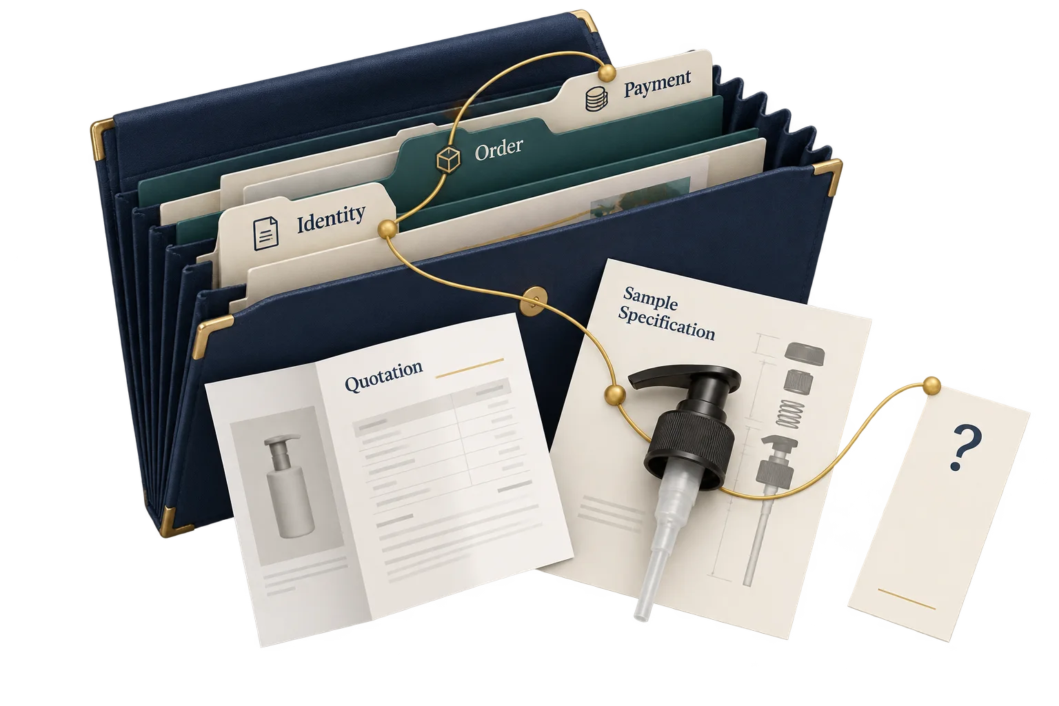 An accordion file separates identity, order and payment records while keeping an unanswered question outside.