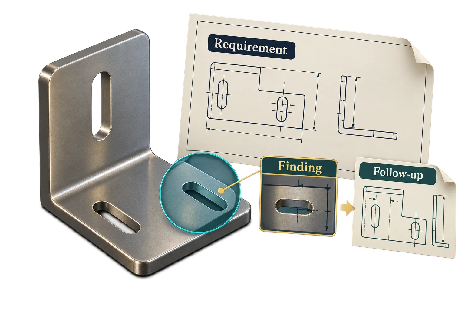 A bracket detail and drawing show how an observed difference becomes a specific follow-up question.