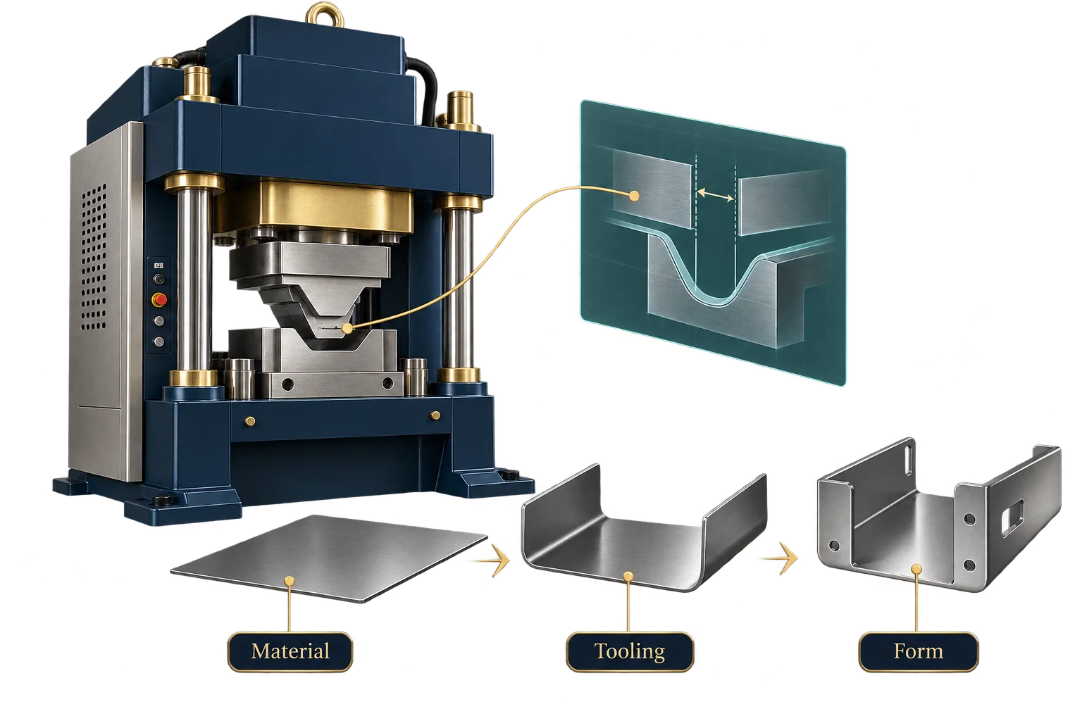Sheet-metal stages and forming tooling show which equipment and process details need review.