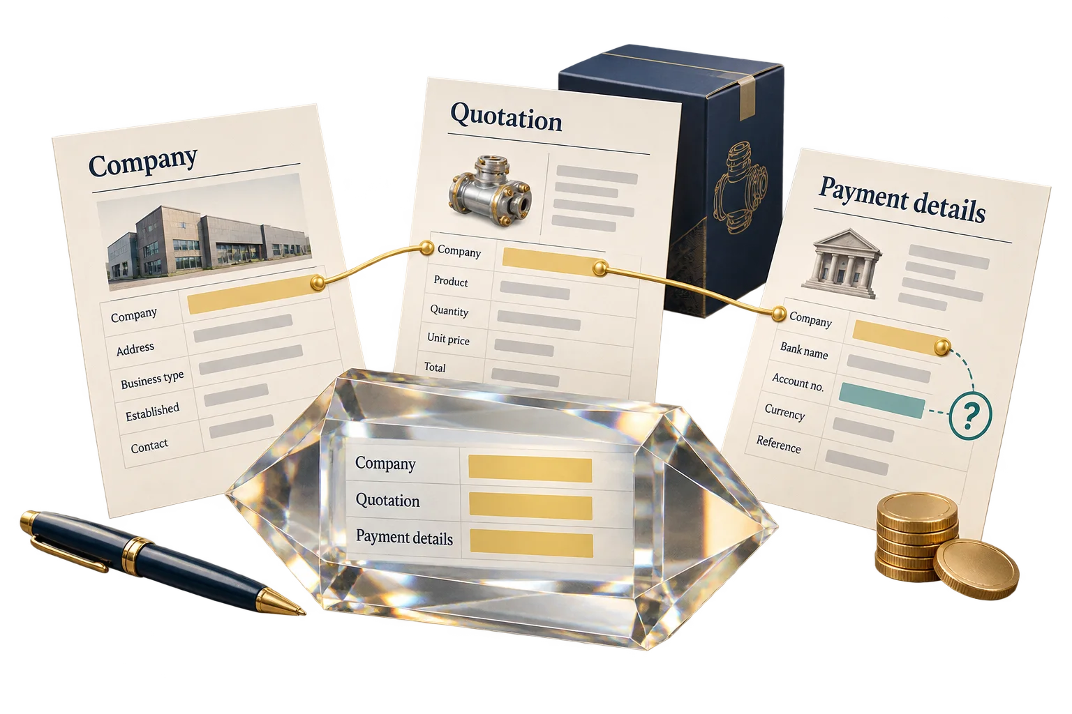 Three documents compare company identity across a quotation and payment details, with one question left open.