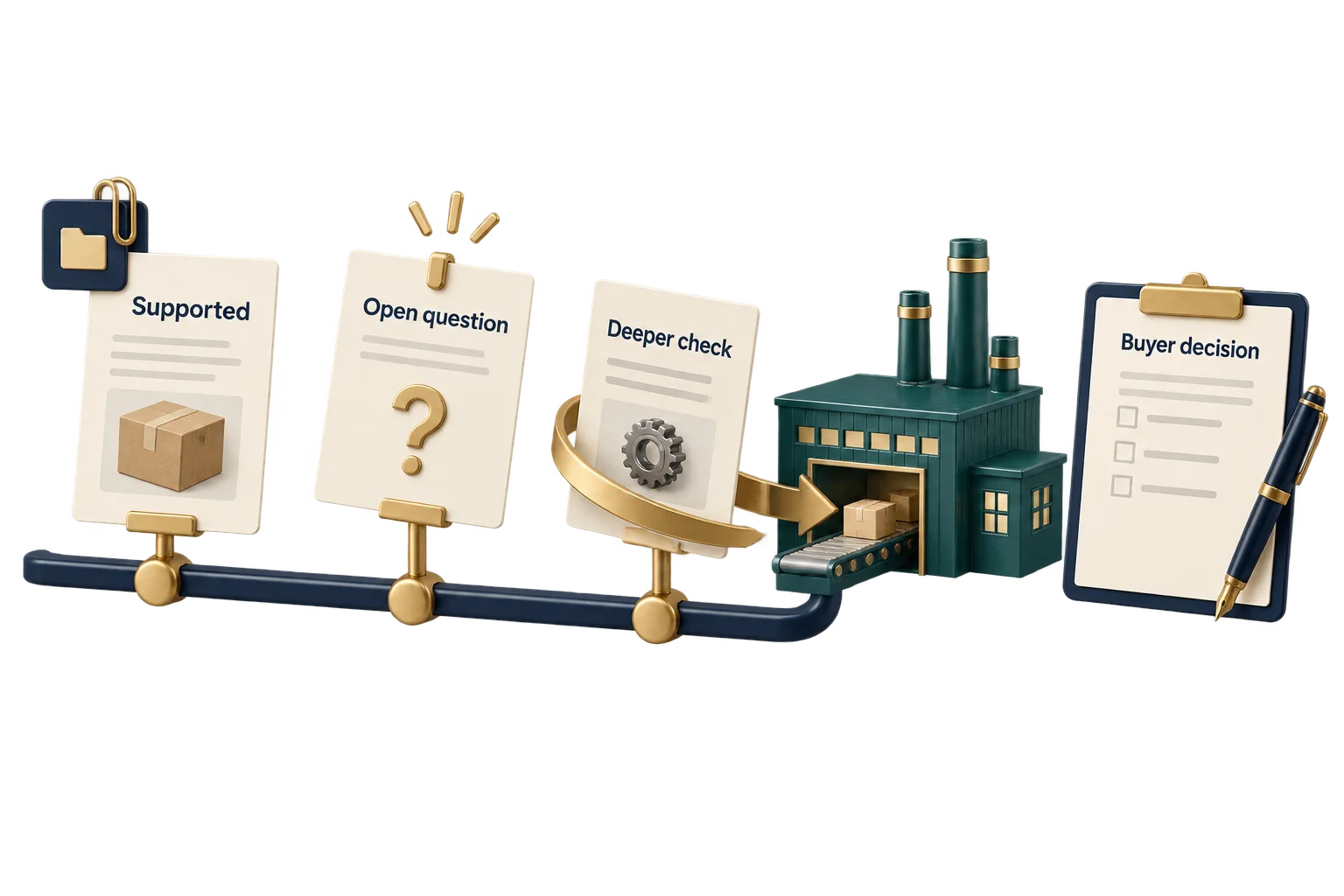 Supported findings, open questions and deeper checks lead to an unsigned buyer decision record.