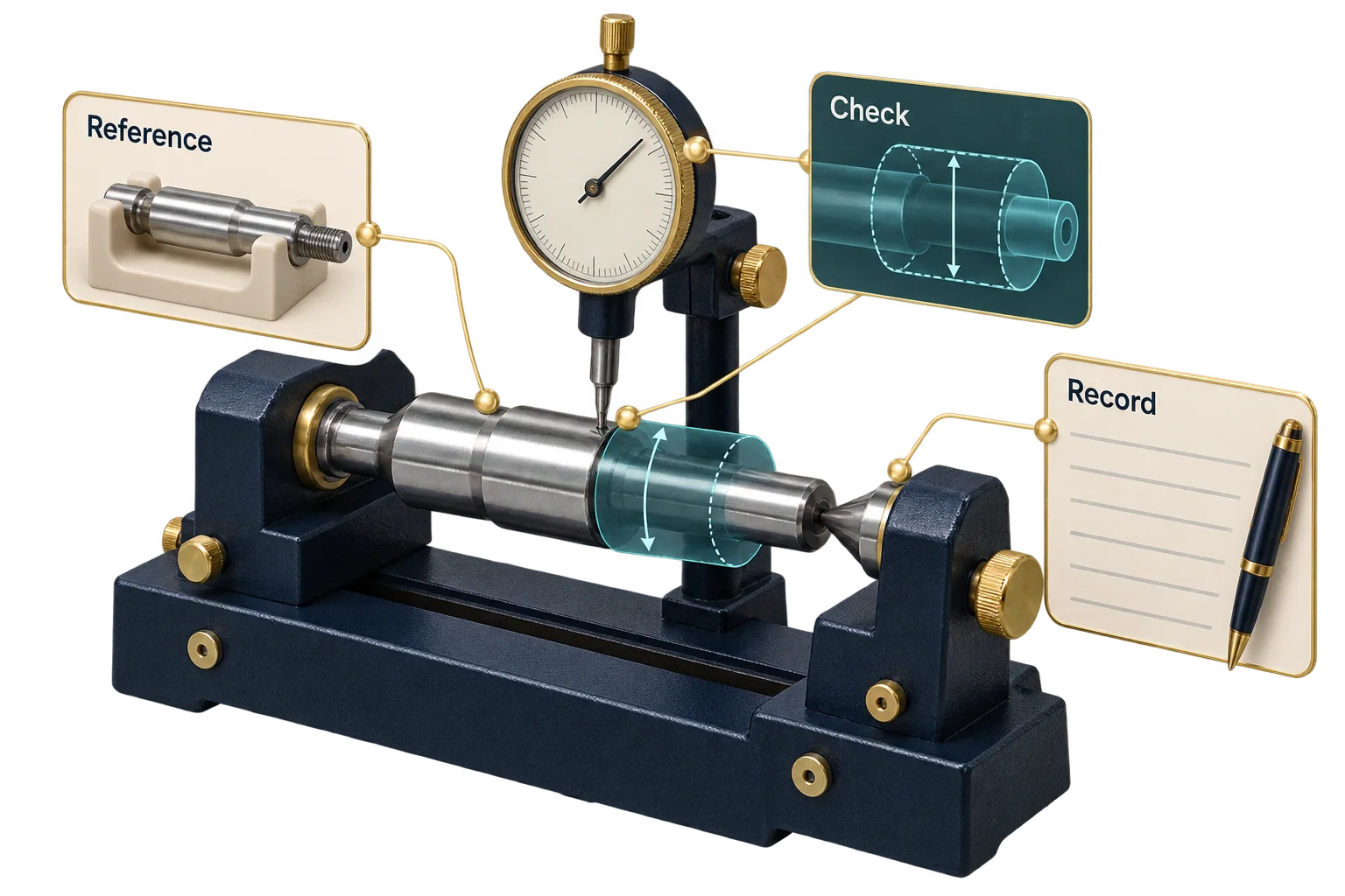 A shaft fixture, reference cradle and measurement point connect a factory check to a recorded finding.