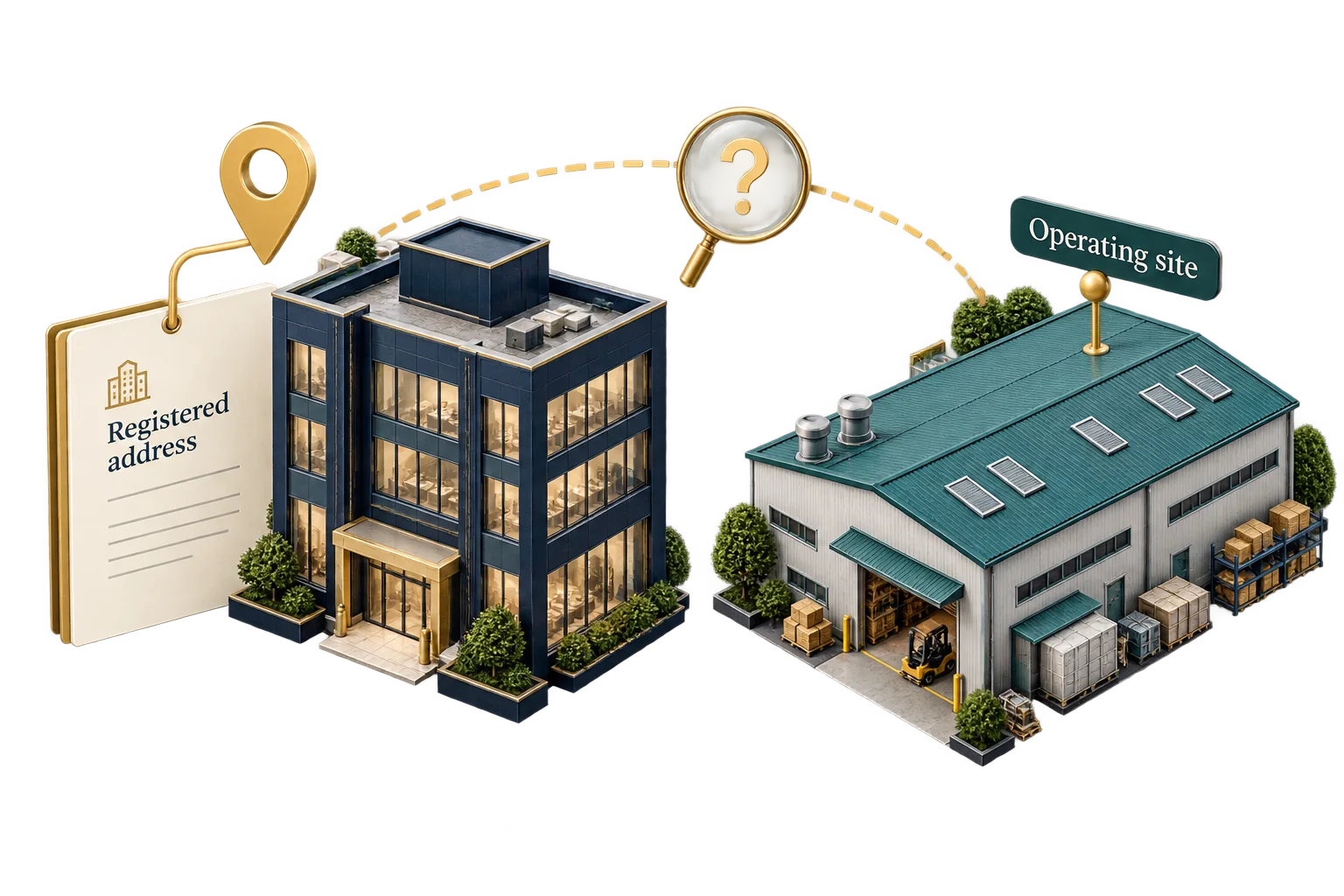 A registered office and a separate workshop illustrate why an address record does not establish production capability.