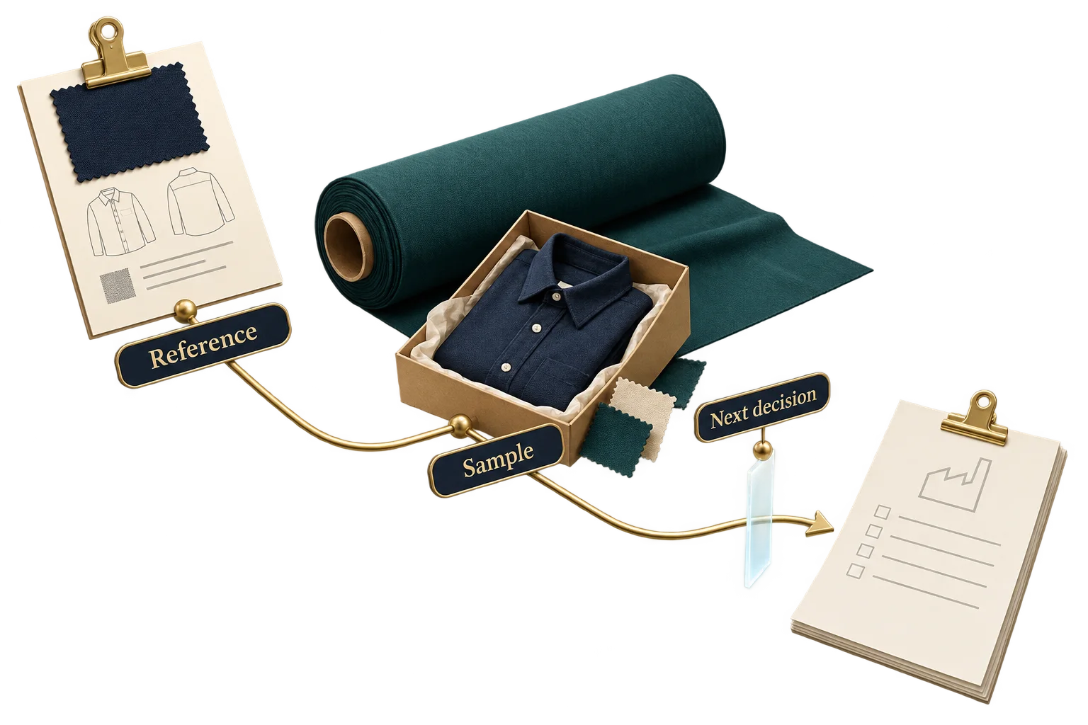 A textile reference, sample and production-plan sheet show the next buyer decision after factory review.