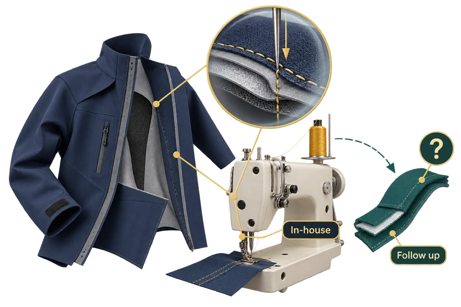 A jacket seam, stitching equipment and a separate process branch identify questions about in-house work.