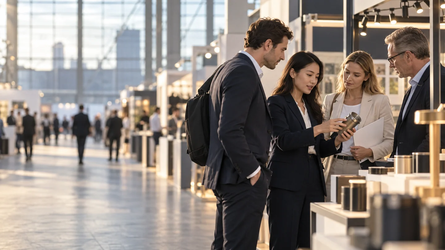 Illustrative scene: Four people discussing product samples during a trade-show visit