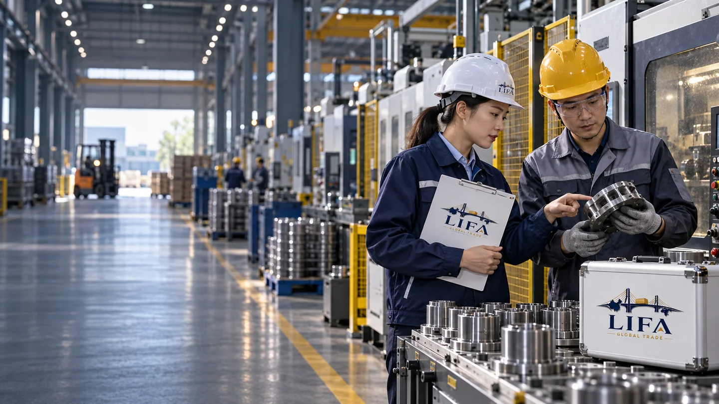 Illustrative scene: Two people reviewing a machined flange beside CNC equipment