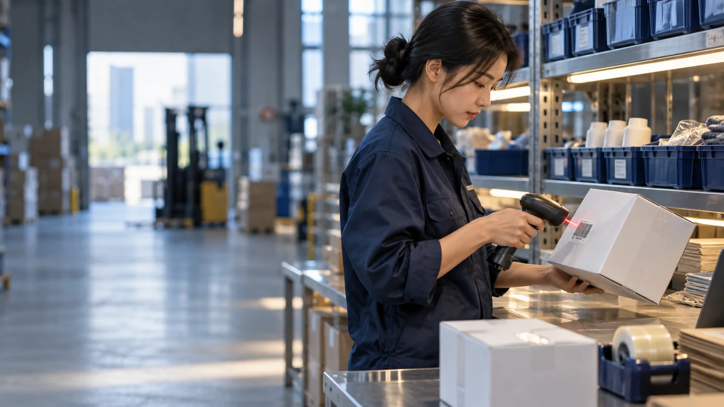Illustrative scene: A carton label being scanned at a warehouse packing station
