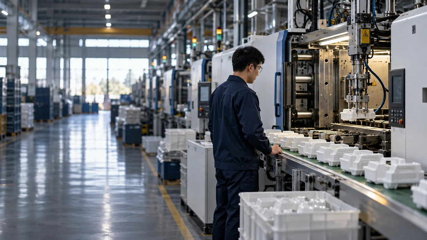 Illustrative scene: A production check beside a plastic-parts molding line