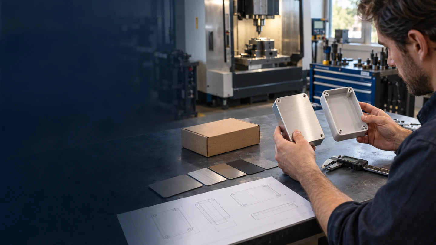 Illustrative scene: A product engineer comparing a brushed-aluminum enclosure and molded prototype beside a caliper, material swatches and a technical drawing in a workshop