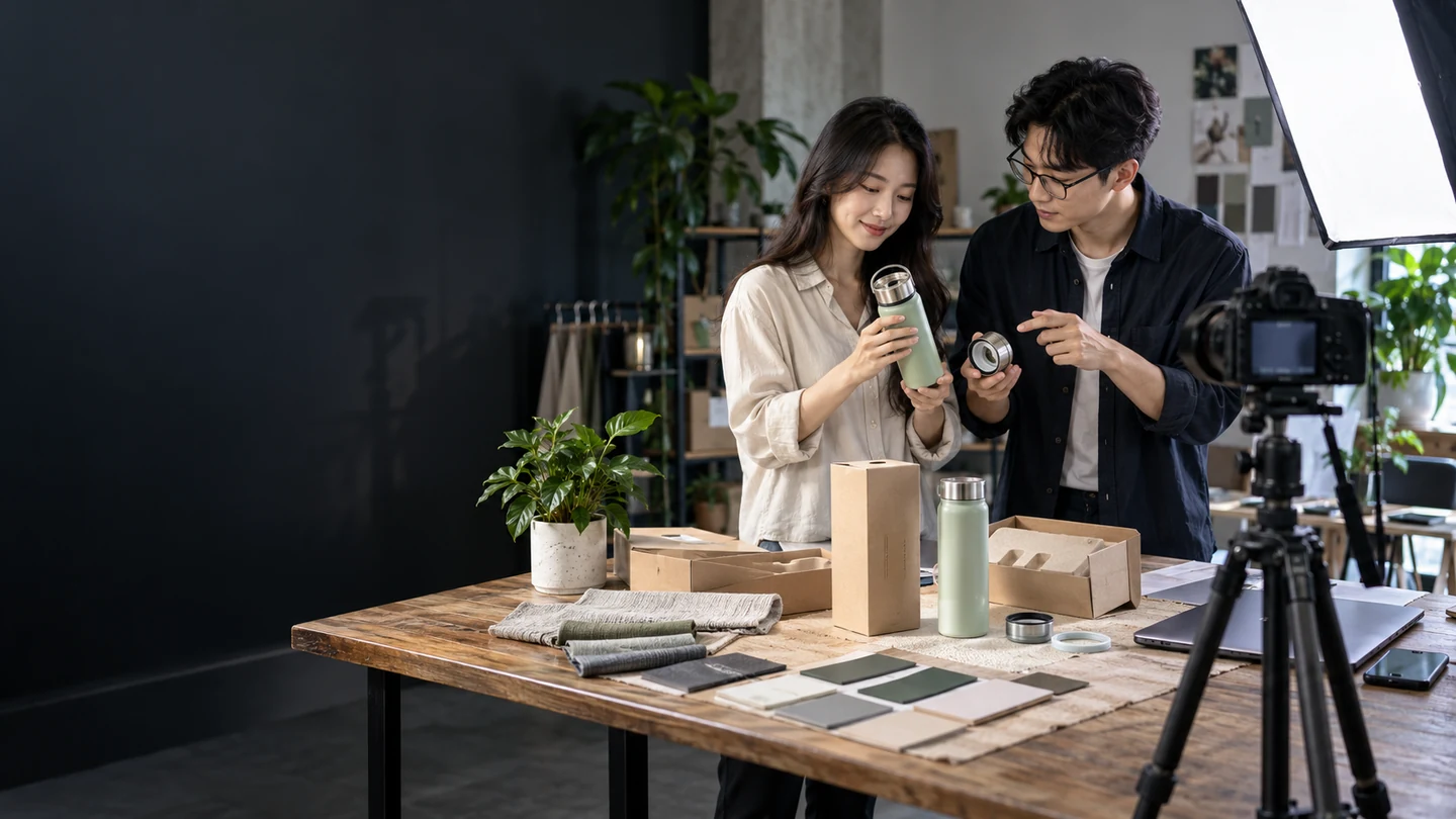 Illustrative scene: A brand operator and sourcing specialist preparing an unbranded travel bottle, fitted packaging and product photography equipment in a studio