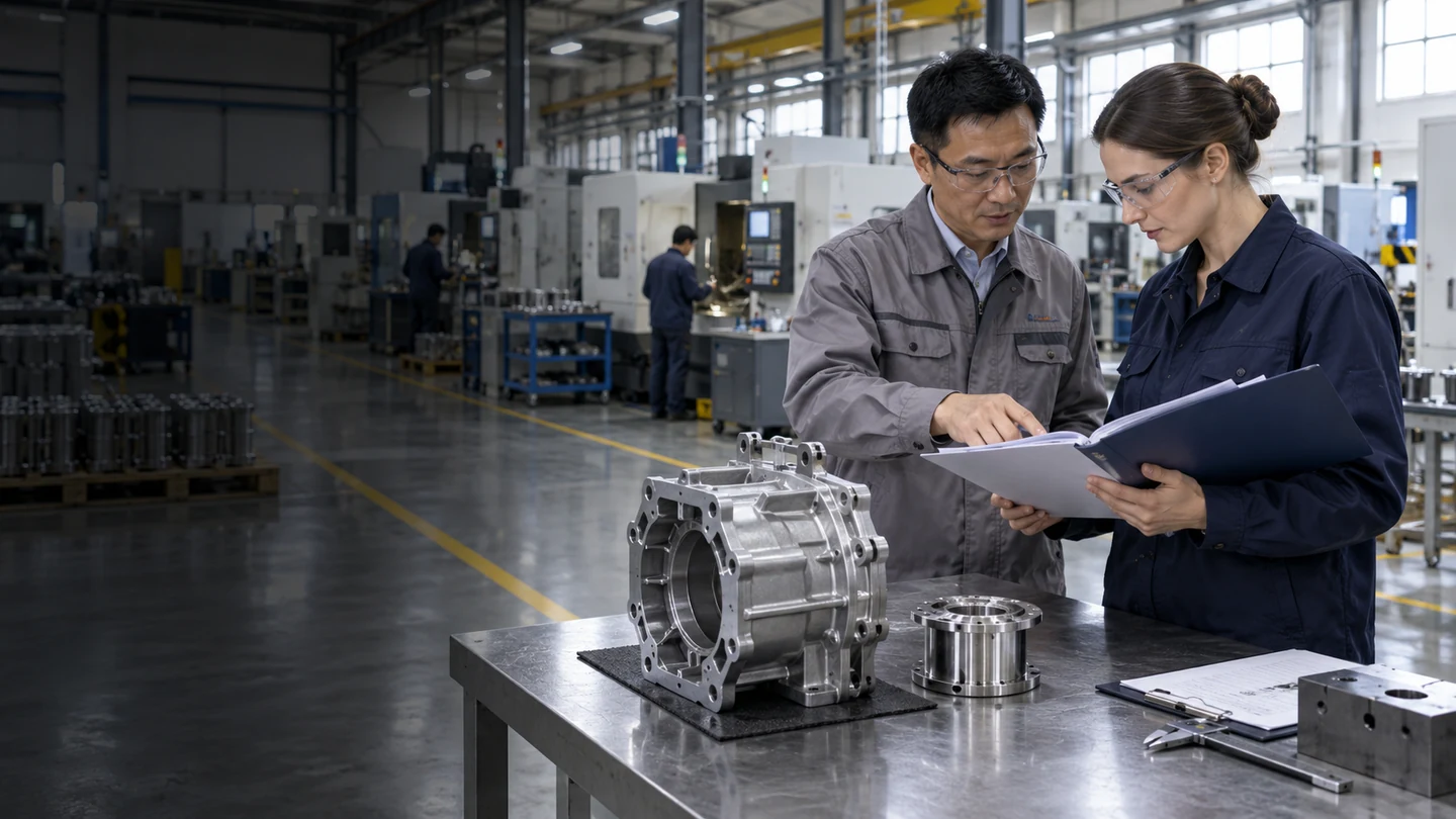 Illustrative scene: A sourcing specialist and factory manager reviewing a blank business folder beside a machined housing on a manufacturing floor