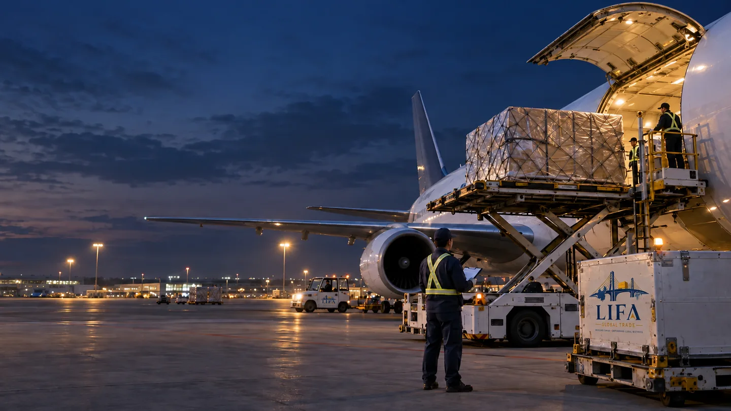 Illustrative scene: Air cargo prepared for loading into a freight aircraft